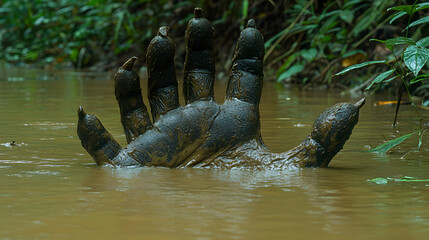 Obraz premium Mud-covered hand emerges from murky water in a lush, green jungle. Mysterious and intriguing image.