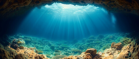Obraz premium Sunbeams illuminate vibrant coral reef seen from within an underwater cave, showcasing a breathtaking marine landscape.