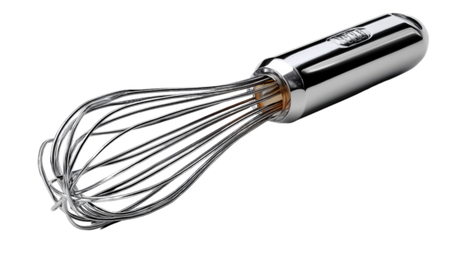 Stainless Steel Whisk: A close-up image showcasing a professional-grade stainless steel whisk, featuring a durable and elegant design, designed for effortless mixing and blending in the kitchen.
