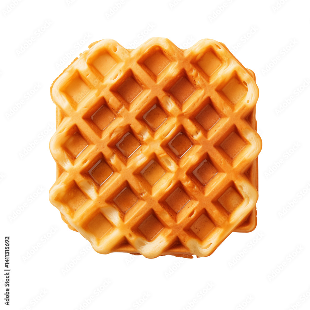 Poster overhead view of a single square waffle with golden brown color on a transparent background plane su