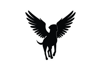 Fototapeta premium Angel dog silhouette. This image shows a majestic dog with large, detailed wings, often symbolizing loyalty and divinity, also called winged dog. Vector clipart black illustration design.