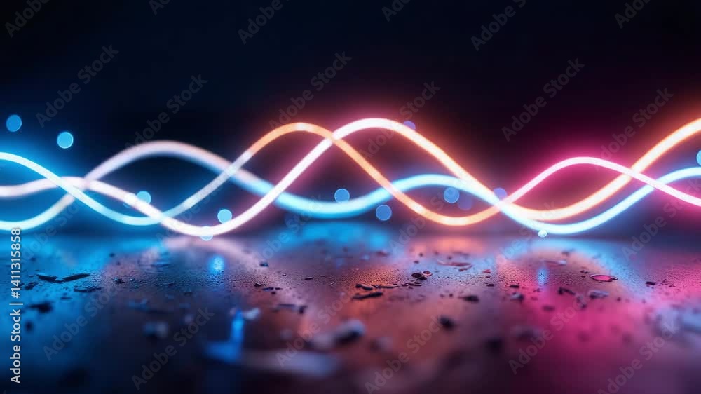 Poster colorful wave patterns with glowing effect and reflections on dark surface for abstract art backgrou
