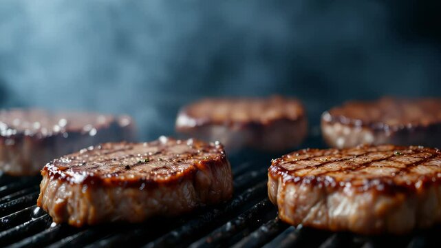 Assorted meat steaks grilling on barbecue with smoke in focus and soft background blur. Concept of outdoor cooking and summer flavor
