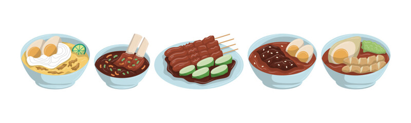 A collection of vector illustrations showcasing various Indonesian dishes served in bowls and plates, highlighting the country's rich culinary heritage.