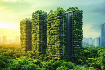 Fototapeta premium Sustainable skyscrapers covered in greenery at sunset