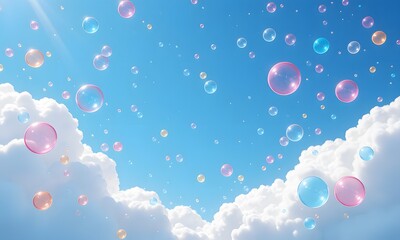 A sky filled with bubbles floating in blue skies.