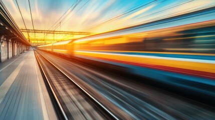 Obraz premium High-speed train streaks across platform at sunset. Motion blur captures the rapid transit