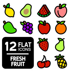 12 fruits flat icon collection