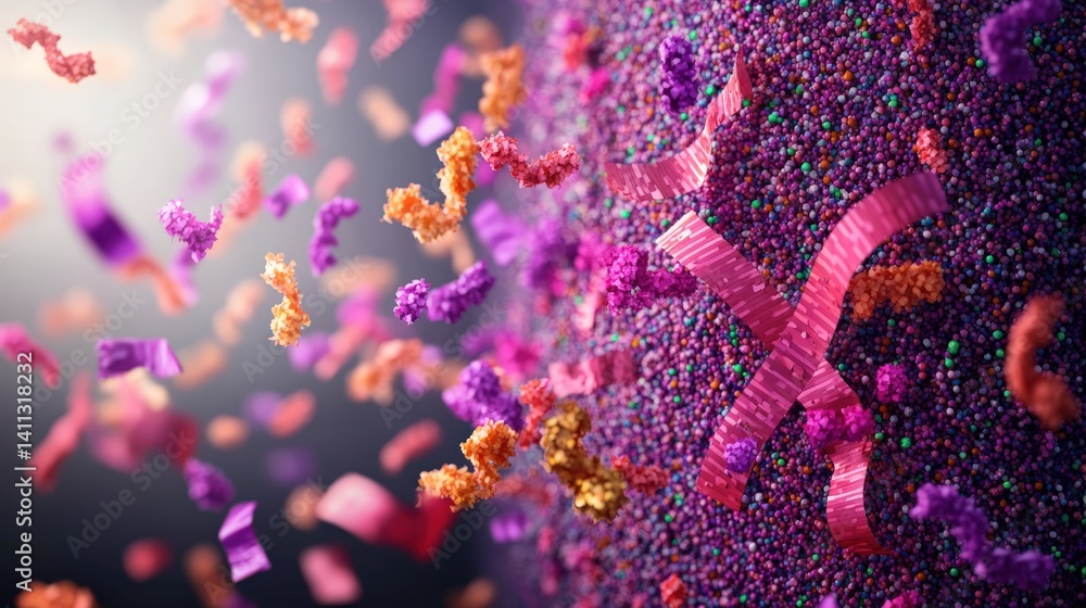 Poster abstract close-up of vibrant colorful confetti-like particles and ribbons floating in mid-air and de