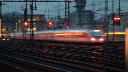 Obraz premium High-speed train moving at night through a station