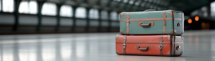 Vintage suitcases stacked on railway platform