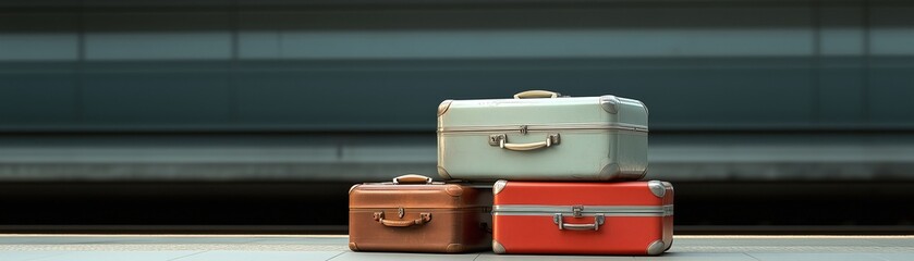 Vintage suitcases stacked on railway platform