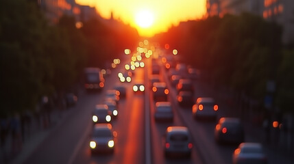 Golden sunset over a highway with blurred traffic, evoking movement and serenity in the fading light.