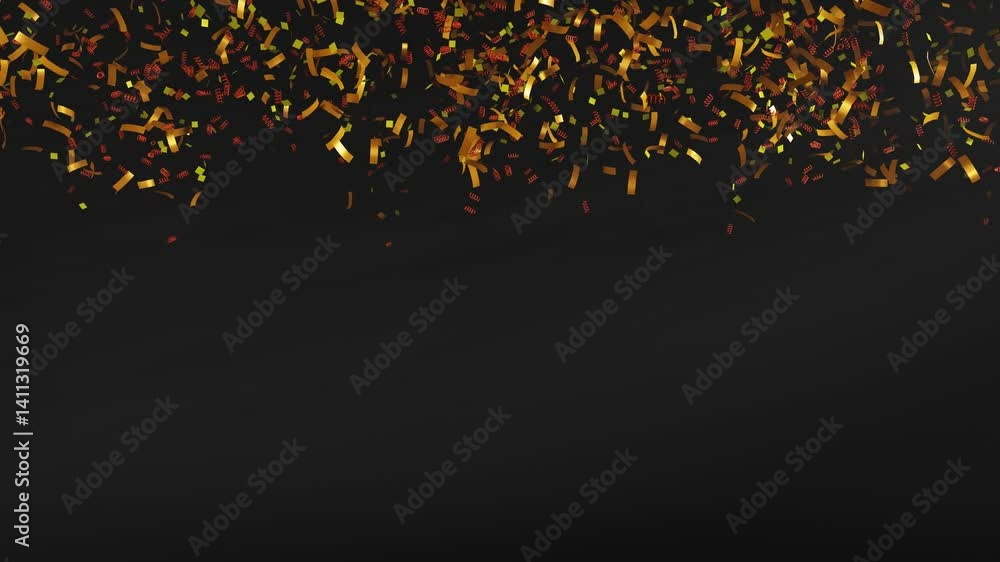 Poster 3d render animation of explosion confetti with gold, green, and red color on a dark background