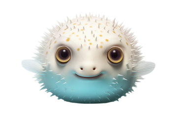 A cartoon pufferfish with white spikes and blue belly on a transparent background is smiling sweetly png