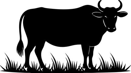  Silhouette of a cow standing on grass, symbolizing rural life, livestock farming, and agriculture, ideal for designs related to farming, animals, and nature.