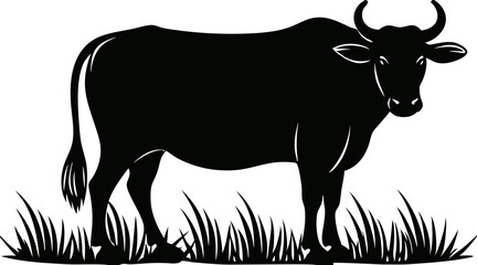  Silhouette of a cow standing on grass, symbolizing rural life, livestock farming, and agriculture, ideal for designs related to farming, animals, and nature.
