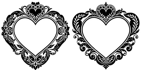  Black and white decorative heart-shaped frames with floral patterns, perfect for romantic, vintage, and decorative design themes, ideal for Valentine's Day or wedding designs.