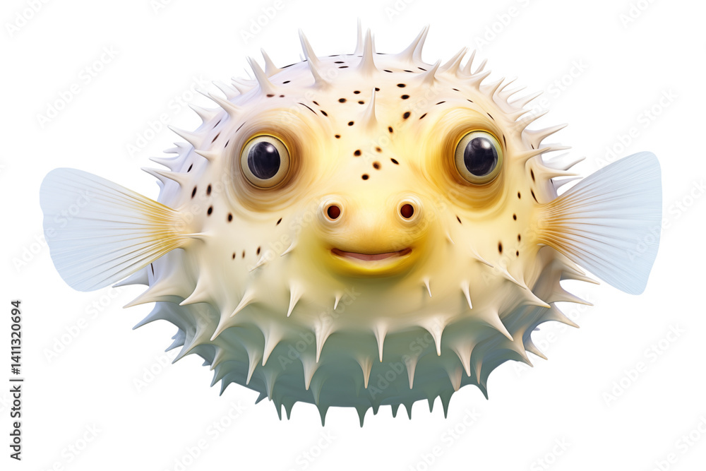 Poster a close up of a pufferfish with large eyes and a smiling face on a transparent background isolated i