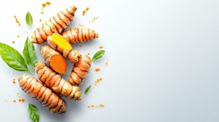 Naklejka premium Fresh turmeric roots with vibrant orange interior and green leaves arranged artistically with scattered turmeric powder on a light gray background