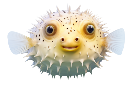 A close up of a pufferfish with large eyes and a smiling face on a transparent background isolated image png