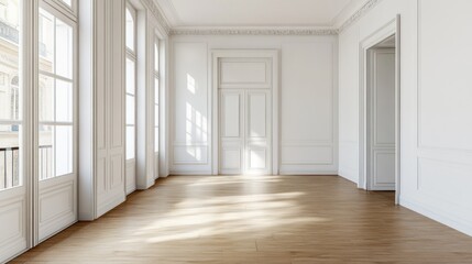 Obraz premium Empty, bright, elegant room with large windows and hardwood floors