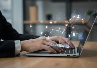 Marketer analyzing data with using laptop computer at desk in office. Statistical marketing analytics for effectiveness measurement and prediction. Regression analysis of customer behavior data. 