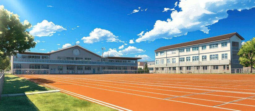 animated background of a high school athletic field featuring a running track under a sunny sky with fluffy clouds in a tranquil and picturesque scene