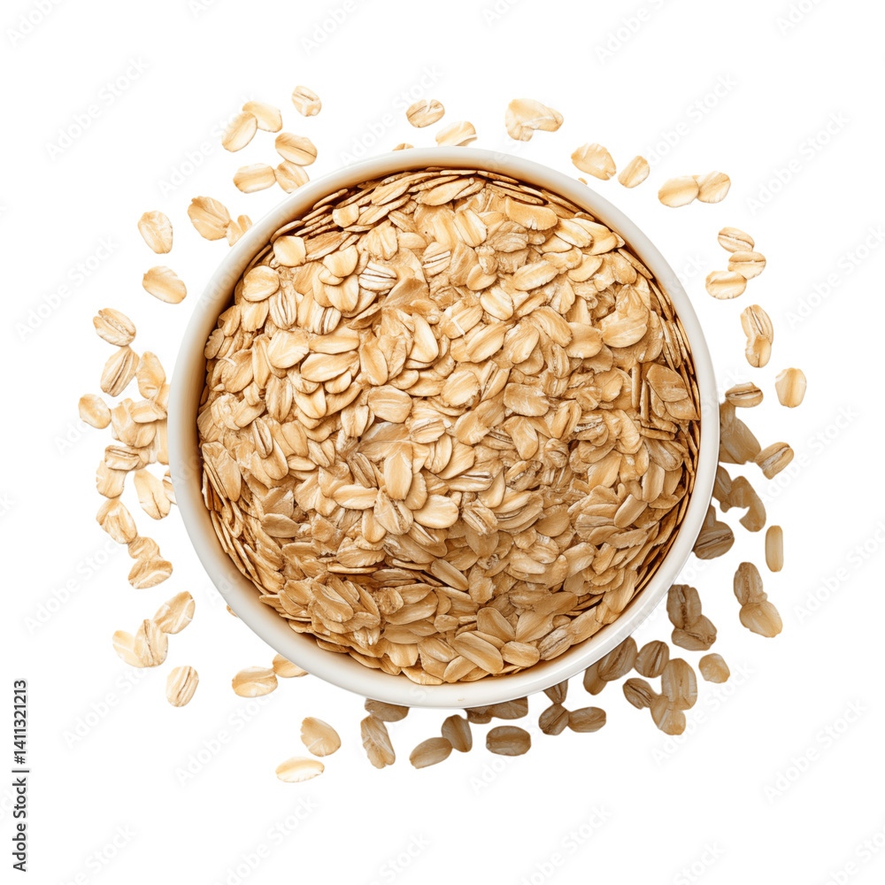 Aufkleber overhead view of a white bowl filled with rolled oats and scattered around on a transparent backgrou