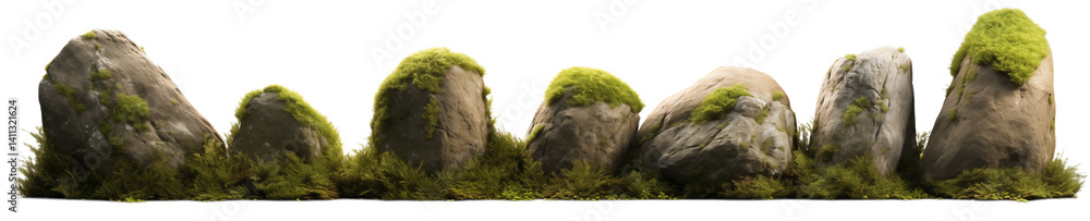 Poster a row of moss covered stones with a transparent background in a horizontal composition view showing 