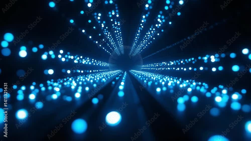 Poster futuristic blue light tunnel with glowing particles in an abstract space environment, creating a sen