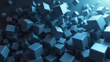 Abstract blue cubes floating in a dark background  
