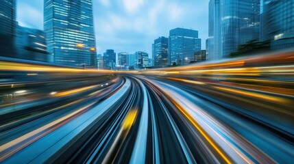 Fototapeta premium Fast-moving city transit at night. Urban highway, blurred motion, lights streak