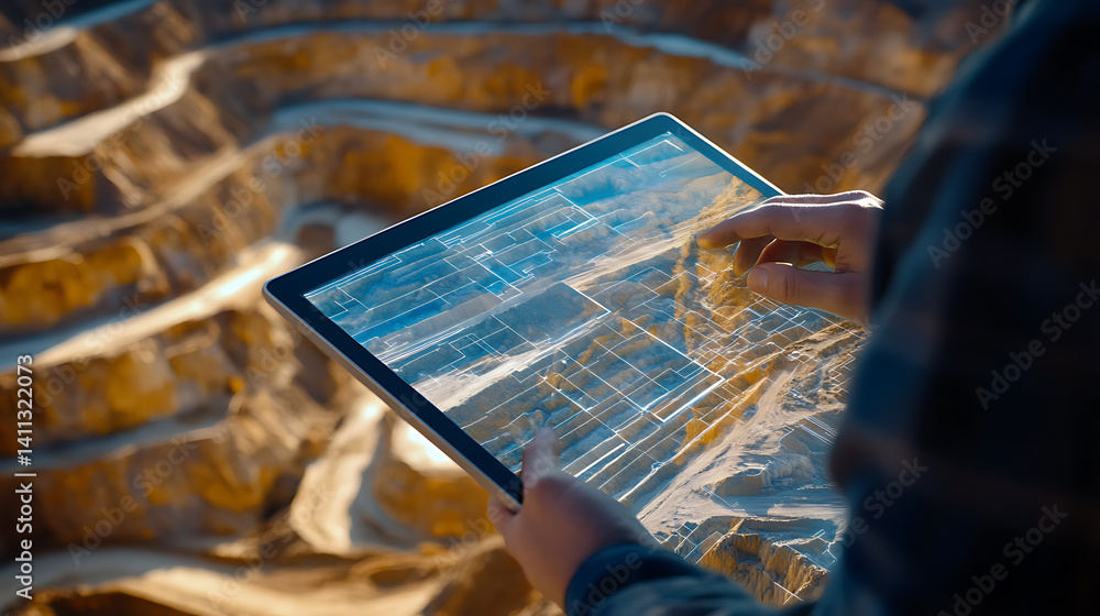 Wall mural mining engineer reviewing digital plans of the mining site on a tablet. featuring technology and ana