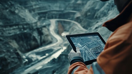 Mining engineer reviewing digital plans of the mining site on a tablet. Featuring technology and analysis