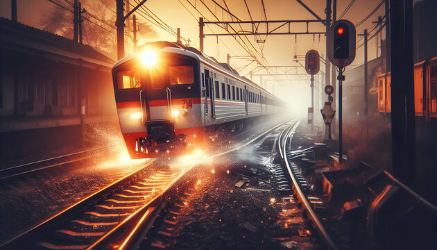 A train making an emergency stop on a railway track with sparks and smoke, symbolizing an abrupt halt in progress