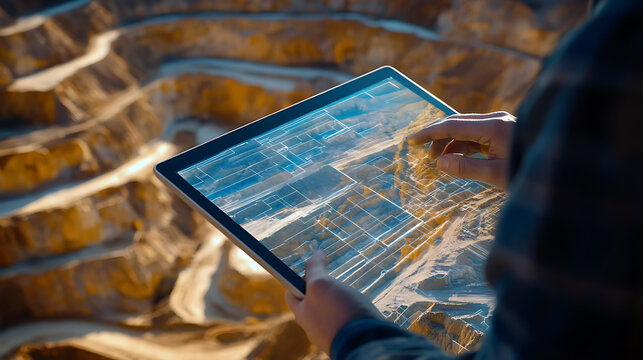 Mining engineer reviewing digital plans of the mining site on a tablet. Featuring technology and analysis