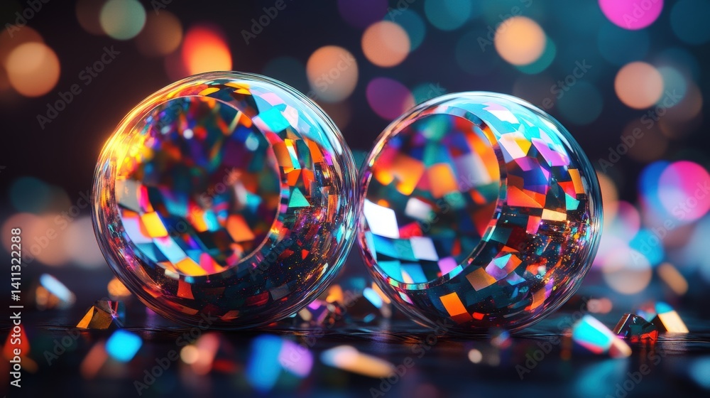 Poster two iridescent spheres with vibrant geometric patterns resting on a dark surface surrounded by cryst