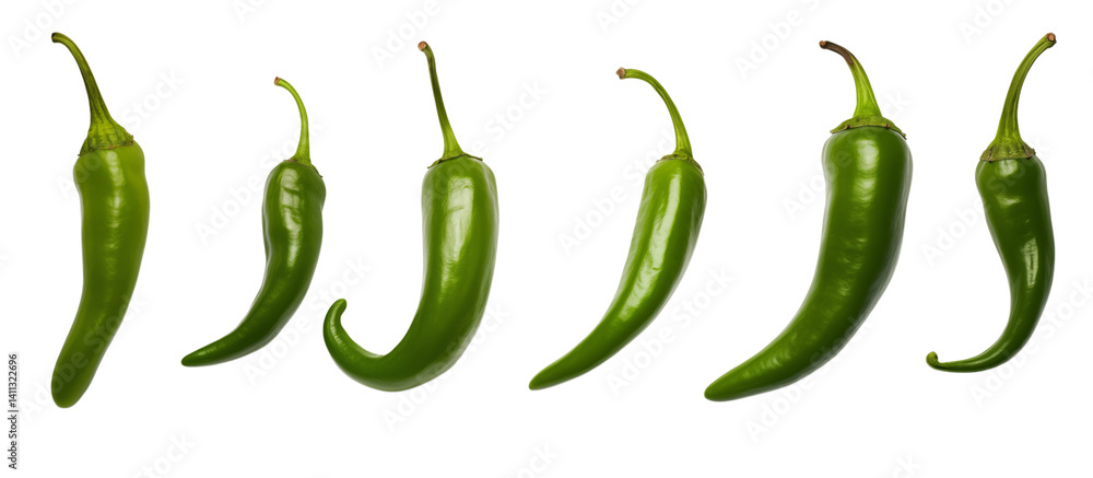 Poster a row of six green chili peppers isolated on a transparent background in a studio setting showing te