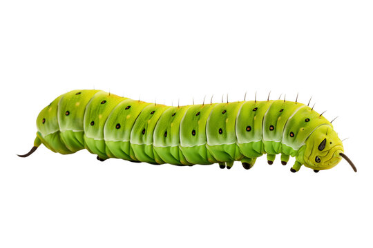 A vivid close up of a green caterpillar with black spots and spikes on a transparent background image view png