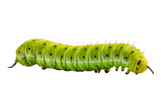 A vivid close up of a green caterpillar with black spots and spikes on a transparent background image view png