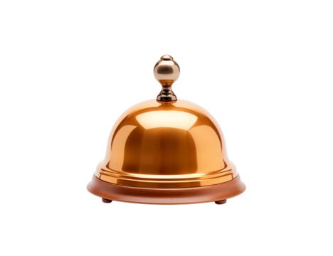 A shiny golden service bell with a wooden base on a transparent background in a studio setting view png
