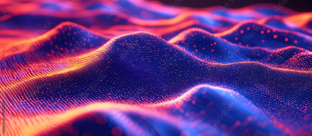 Poster a captivating visual showcasing undulating digital terrain illuminated with vibrant blue and fiery o