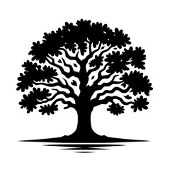 Obraz premium Flat and minimal majestic oak tree creative icon Design of black silhouette on white