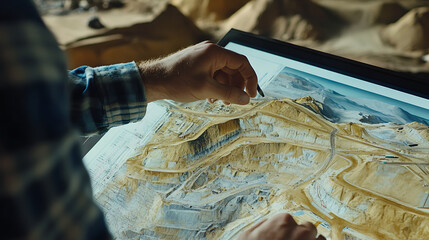 Mining engineer reviewing technical maps and blueprints for a mining project at a field office. Featuring analysis and planning