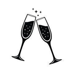 Two Champagne Flutes Toasting Celebration Festive Occasion Black And White Graphic