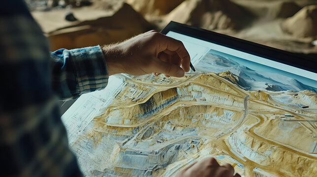 Mining engineer reviewing technical maps and blueprints for a mining project at a field office. Featuring analysis and planning