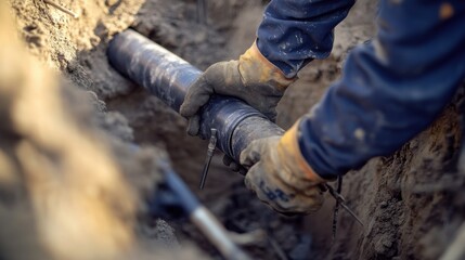 Pipefitter tightening underground water pipe connection. Large construction site