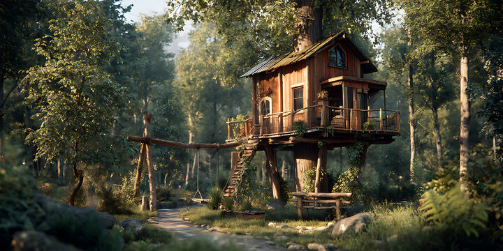 Cozy Treehouse in a Bright Green Summer Forest for Nature Living, Childhood Dreams, and Eco Retreats