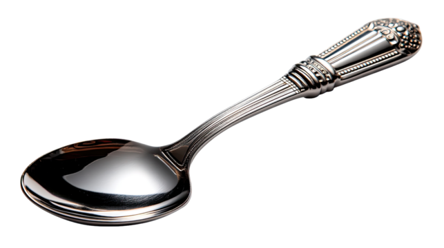 Elegant Teaspoon: A polished and ornate silver teaspoon with a detailed handle, perfect for adding a touch of sophistication to your tea time or a unique and classic detail to your food photography.